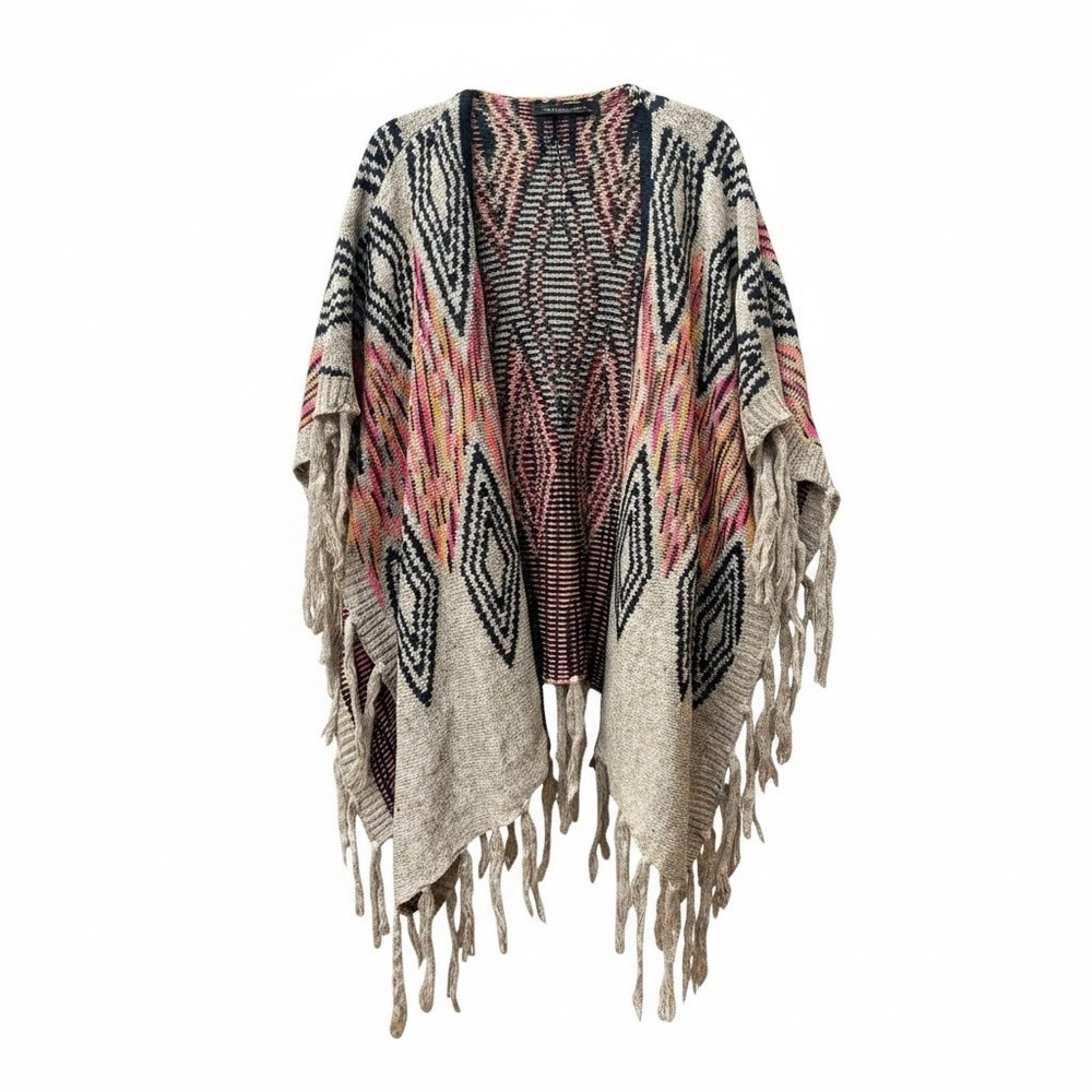 Kaktus Geometric Poncho Cardigan Fringe Boho Southwestern Open Front One Size